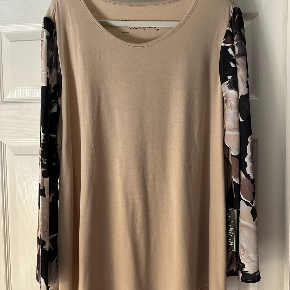 DG2 by Diane Gilman Beige Tunic with Floral Sleeves